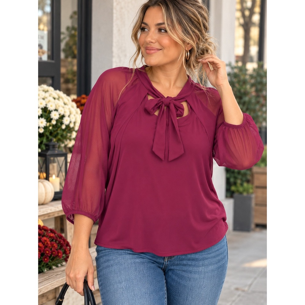 Atelier 29 Women's L Burgundy Tie Neck Sheer Chiffon Puff Sleeve Blouse Boho